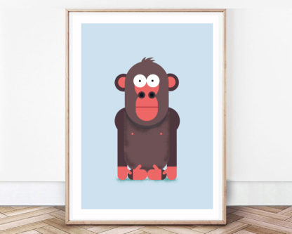 Framed Gorilla Graphic Design Illustration on a Light Blue Plain Background.